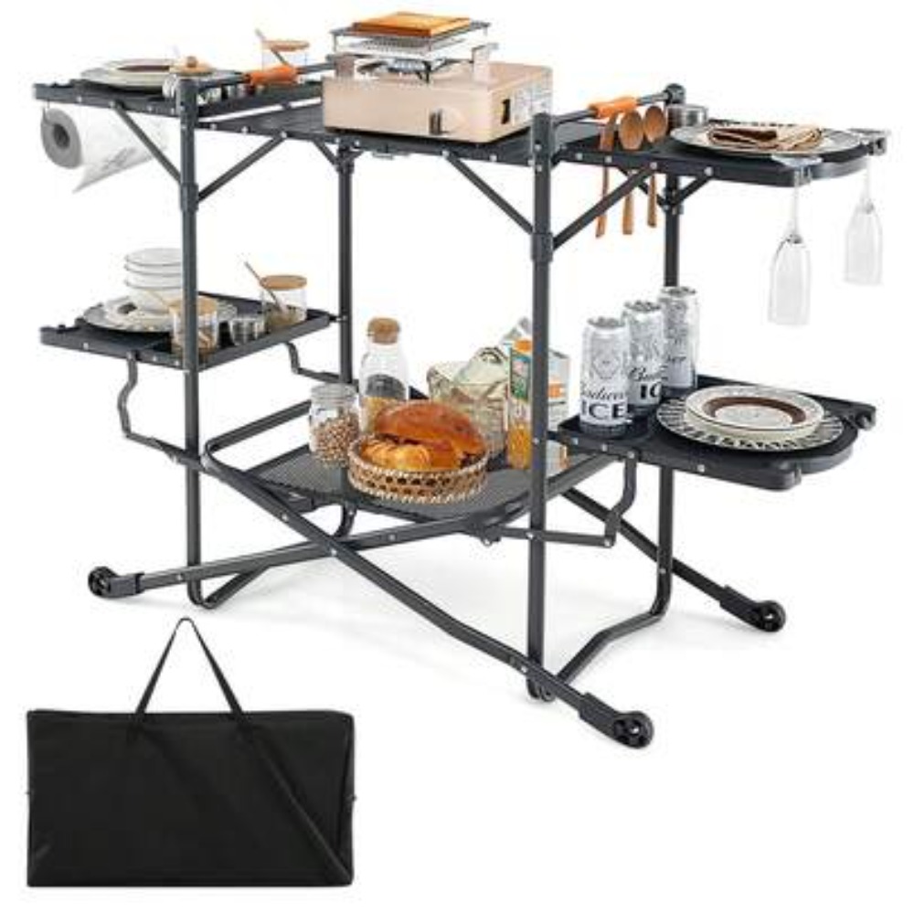 Outdoor Camping Kitchen Setup - โต๊ะพับสำหรับทำอาหารแคมป์ปิ้ง อลูมิเนียม โต๊ะเตรียมอาหารกลางแจ้งแบบพกพา ทนทาน เหมาะสำหรับบาร์บีคิว พร้อมกระเป๋าสำหรับพกพา