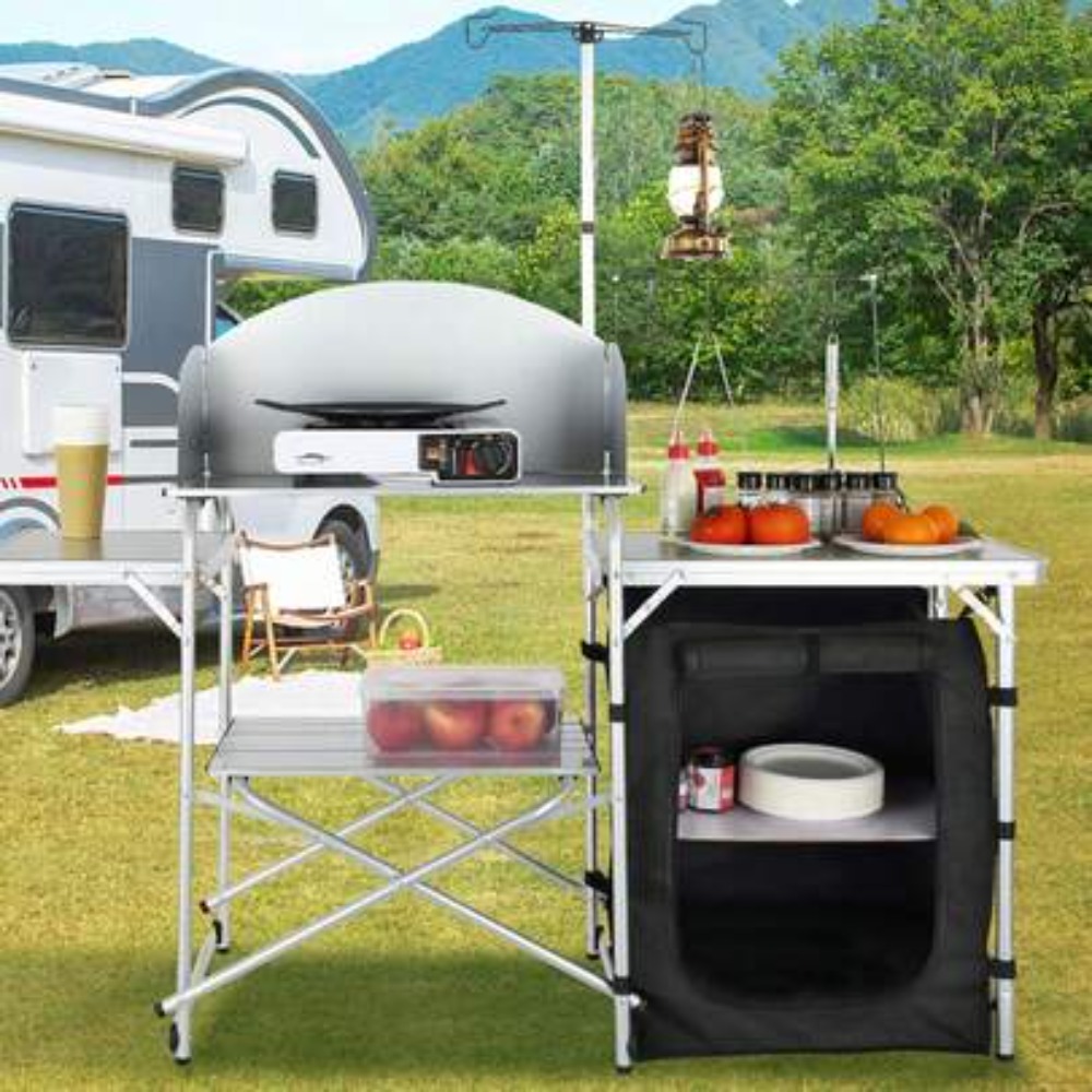 Outdoor Camping Kitchen Setup - โต๊ะครัวพับได้สำหรับตั้งแคมป์กลางแจ้งพร้อมกระเป๋าใส่, สถานีทำอาหารแบบพกพาทำจากอะลูมิเนียม, น้ำหนักเบา ทนต่อสภาพอากาศ, ติดตั้งง่าย, มีแผงกันลมที่ถอดออกได้,