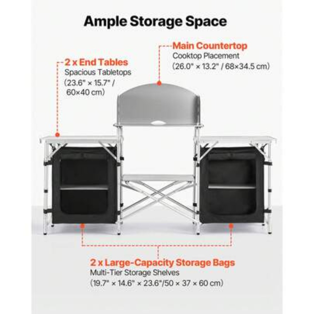Outdoor Camping Kitchen Setup - โต๊ะพับพกพาสำหรับทำอาหารกลางแจ้ง โต๊ะปิกนิกน้ำหนักเบาทำจากอะลูมิเนียมพร้อมที่เก็บของ แผงกันลมที่ถอดออกได้ ติดตั้งง่ายเป็นสถานีทำอาหาร พร้อมกระเป๋าสำหรับพกพา เหมาะสำหรับบาร์บีคิว