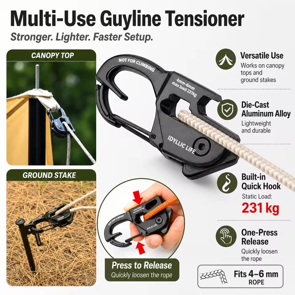 Outdoor Camping Extension Cord - ตัวปรับความตึงเชือกเต็นท์อลูมิเนียมอัลลอยด์ รับน้ำหนักได้ดี พกพาสะดวก ป้องกันลม สายรัดแบบหัวเข็มขัด อุปกรณ์เสริมสำหรับตั้งแคมป์/เดินป่า/ผ้าใบคลุม