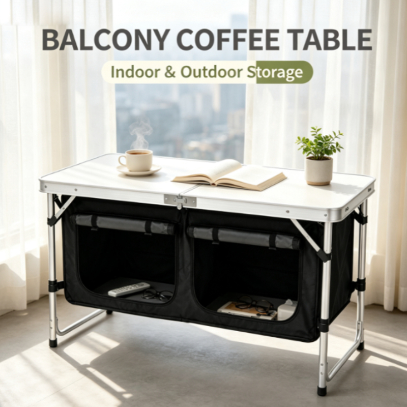 Outdoor Camping Kitchen Setup - โต๊ะพับสำหรับตั้งแคมป์ทำจากอะลูมิเนียมสีเงินพร้อมช่องเก็บของสองช่อง ชุดครัวกลางแจ้งแบบพกพาสำหรับปิกนิกบาร์บีคิวและการเดินป่า