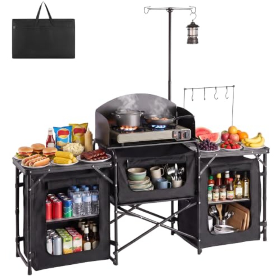 Outdoor Camping Kitchen Setup - โต๊ะพับสำหรับตั้งแคมป์, โต๊ะพกพาสำหรับใช้งานกลางแจ้ง, สถานีทำอาหารแบบติดตั้งรวดเร็ว, พร้อมที่จัดเก็บ, ขาแบบยืดหดได้, รุ่น