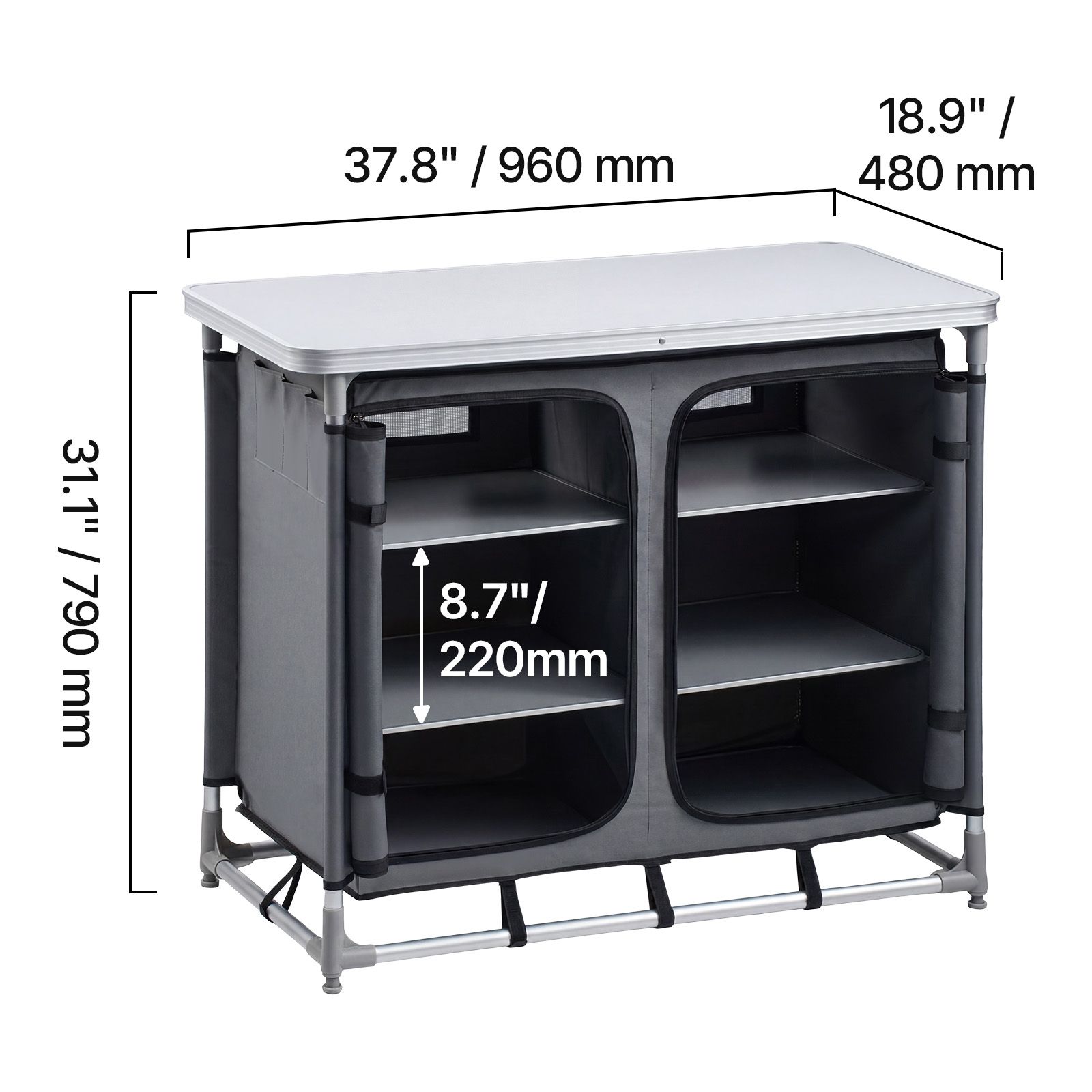 Outdoor Camping Kitchen Setup - ตู้เก็บของสำหรับตั้งแคมป์, โต๊ะอลูมิเนียมน้ำหนักเบาแบบพกพาสำหรับใช้งานกลางแจ้ง, สถานีทำอาหารขนาดกะทัดรัดติดตั้งง่าย, มาพร้อมชั้นวาง 6 ชั้นและกระเป๋าสำหรับพกพา,