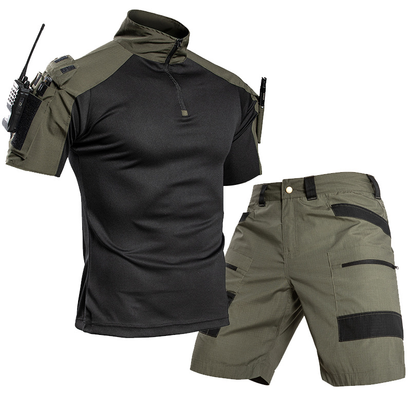 Outdoor Camping Set - ชุดเสื้อยืดและกางเกงขาสั้นผู้ชายสำหรับกิจกรรมกลางแจ้ง แห้งเร็ว แบบทหาร ซิปครึ่งตัว มีกระเป๋าหลายช่อง เหมาะสำหรับเดินป่า